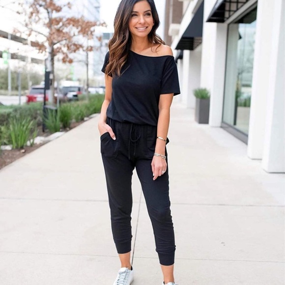 🆕 Women's Loose Solid Off Shoulder Elastic Waist Stretchy Long Romper Jumpsuit - Picture 4 of 5